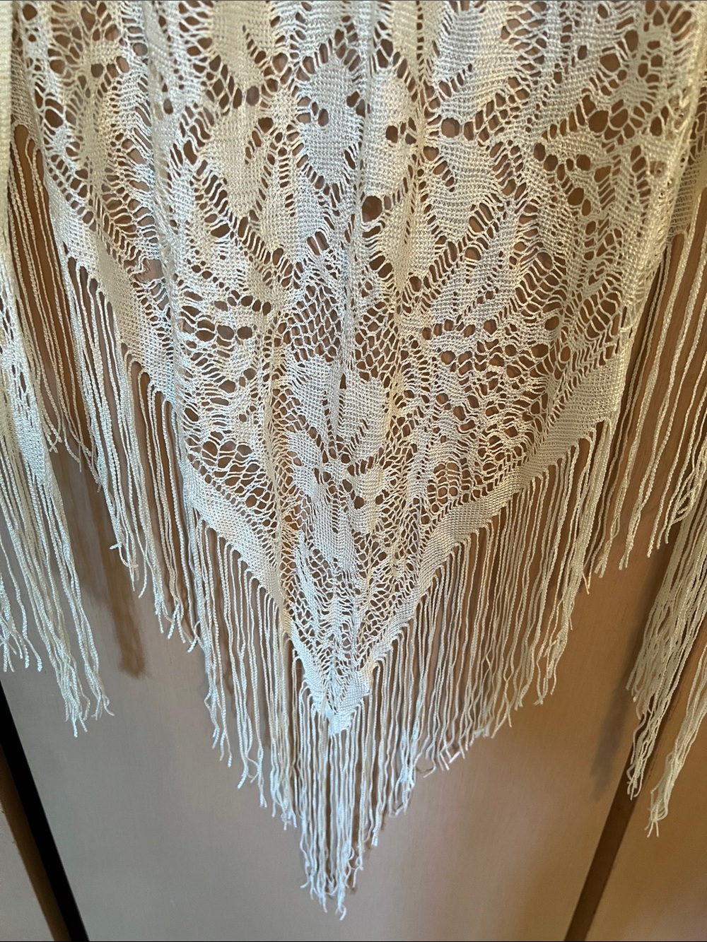 Ivory Crochet Fringe Shawl Wrap - Lightweight Feminine Cover-Up - Picture 10 of 10